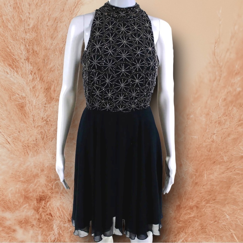 NWT Apricot Navy Blue Beaded Halterneck Bodice Chiffon Skirt Mini Dress UK 8